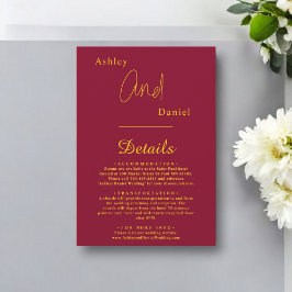 Cartão De Informações Burgundy Elegante E Dourado Casamento Chic Moderno