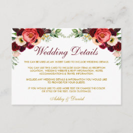 Cartão De Informações Burgundy Floral Boho Detalhes do Casamento Inserir