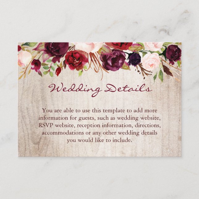 Cartão De Informações Burgundy Floral Rustic Wood Detalhes do Casamento (Frente)
