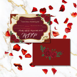Cartão De Informações Burgundy & Gold Rose Quinceañera RSVP Card