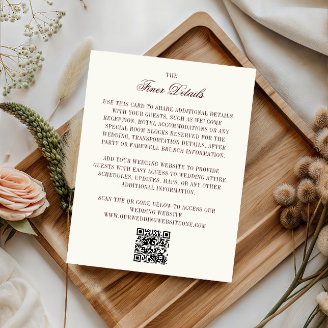 Cartão De Informações Burgundy & Ivory QR Code Wedding Guest Details (Criador carregado)