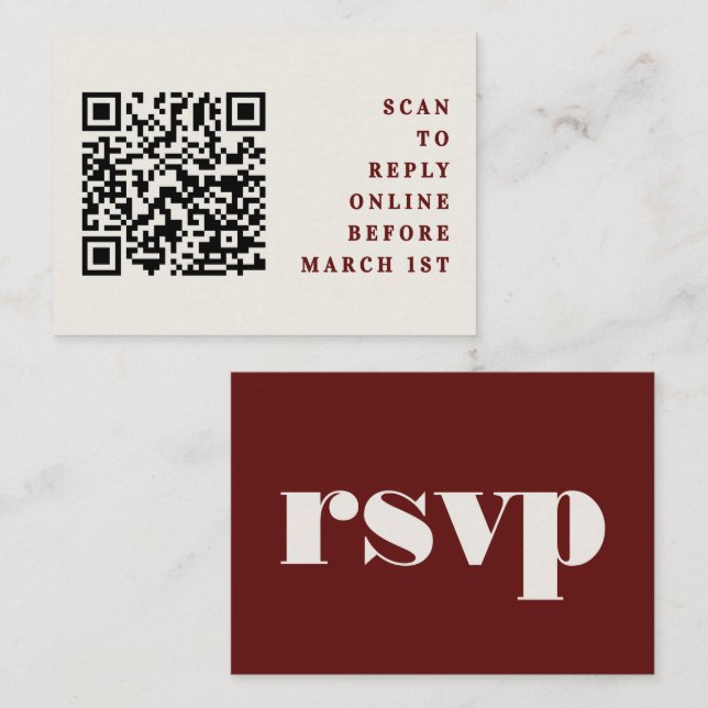 Cartão De Informações Burgundy & Ivory Simple Wedding QR Code RSVP (Frente/Verso)
