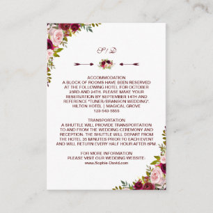 Cartão De Informações Burgundy Marsala - Detalhes do Casamento Floral - 