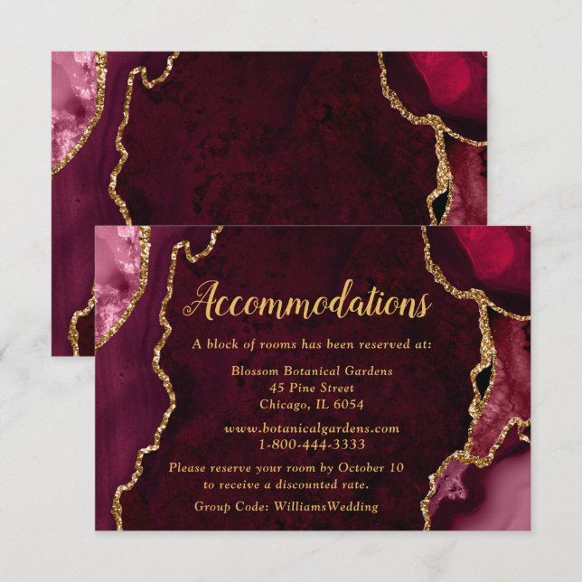 Cartão De Informações Burgundy Red and Gold Agate Wedding Accommodations (Frente/Verso)
