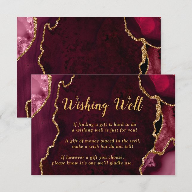 Cartão De Informações Burgundy Red and Gold Agate Wedding Wishing Well (Frente/Verso)
