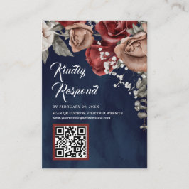 Cartão De Informações Burgundy Red Floral QR Code RSVP Navy Blue Wedding