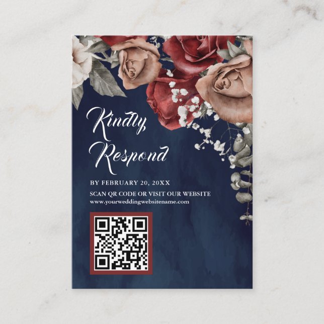 Cartão De Informações Burgundy Red Floral QR Code RSVP Navy Blue Wedding (Frente)