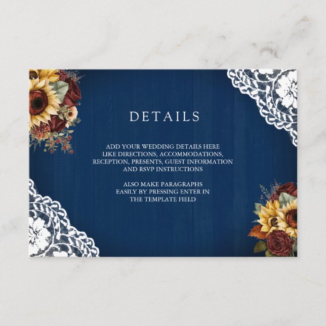Cartão De Informações Burgundy Roses Sunflower Navy Lace Wedding Details (Frente)