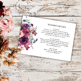 Cartão De Informações Burgundy Watercolor Flowers Boho Detalhes do Casam