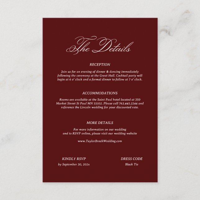 Cartão De Informações Burgundy Wedding (Frente)