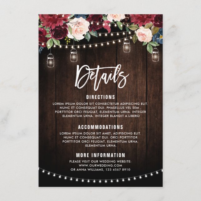 Cartão De Informações Burgunte Marinho Floral Corda Leve (Frente)