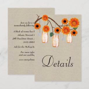 Cartão De Informações Burlap Orange Floral Mason Jars Detalhes do Casame