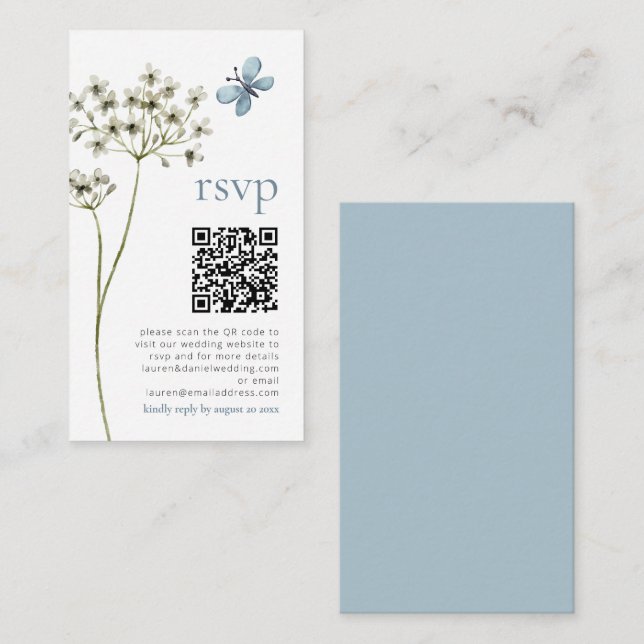 Cartão De Informações Butterfly Wildflower QR Blue Casamento RSVP Card (Frente/Verso)