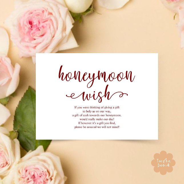 Cartão De Informações Caixa do Fundo de Desejo Honeymoon de Casamento (Wedding Honeymoon Wish Fund Cash Enclosure Card in Burgundy Wine Red)