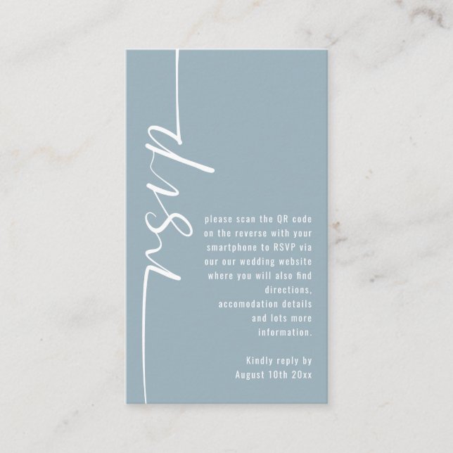 Cartão De Informações Caligrafia Código QR Dusty Blue Casamento RSVP (Frente)