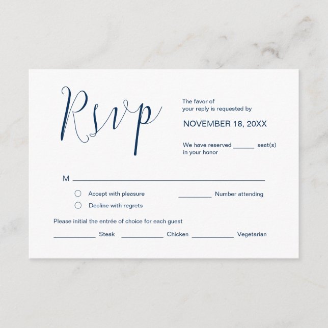 Cartão De Informações Caligrafia de Casamento, Script Simples Azul-Marin (Frente)