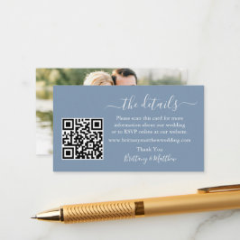 Cartão De Informações Caligrafia Detalhes do Casamento QR Foto Dusty Blu