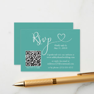 Cartão De Informações Caligrafia Moderna Casamento Coração QR RSVP Teal
