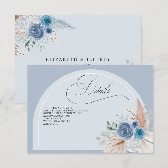 Cartão De Informações Caligrafia Rústica Boho Azul Pó Pampas Detalhes (Frente/Verso)