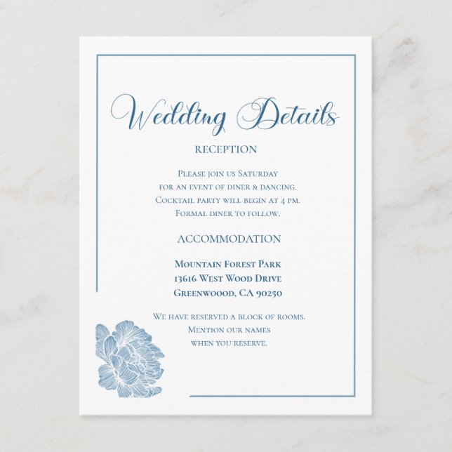 Cartão De Informações Calligraphy Script Dusty Blue Floral Wedding (Frente)
