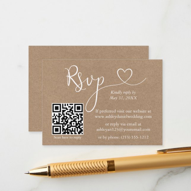 Cartão De Informações Calliografia Heart QR Kraft Wedding RSVP (Frente/Verso In Situ)