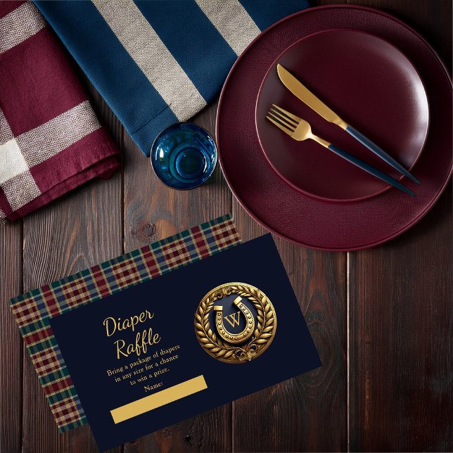Cartão De Informações Carimbo de Fralda Azul de Ferradura Equestre (Charming Classic Preppy Gold Horseshoe Monogram Emblem Plaid  Boy Baby Shower Diaper Raffle Card)