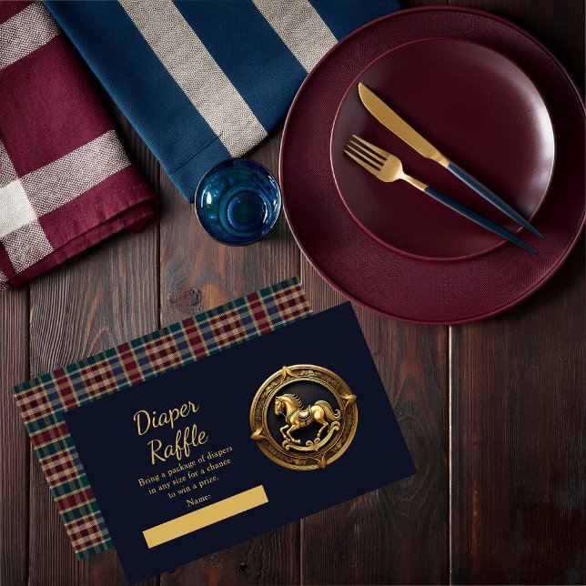 Cartão De Informações Carimbo-Fralda Azul-Carneiro-Equestre (Charming Classic Preppy Equestrian Gold Tone Rocking Horse | Plaid Background Boy Baby Shower Invite)
