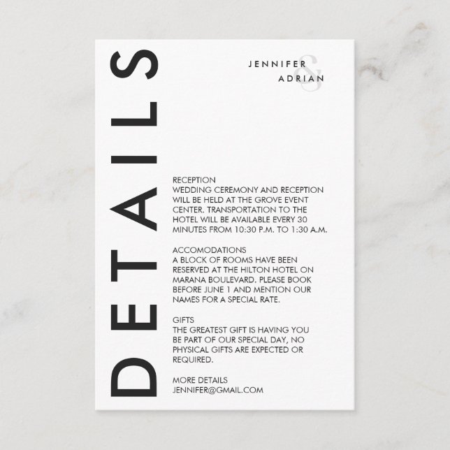 Cartão De Informações Carro Mínimo Elegante de Casamento Moderno Branco (Frente)