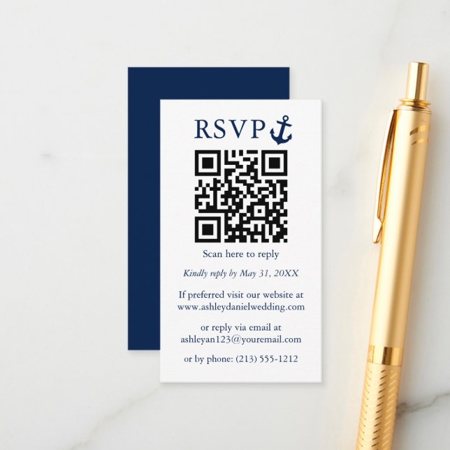 Cartão De Informações Casamento Âncora Náutica Azul QR RSVP (Frente/Verso In Situ)