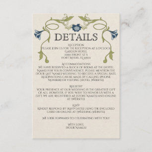 Cartão De Informações Casamento Art Nouveau em Azul Poeirento, Flores Na