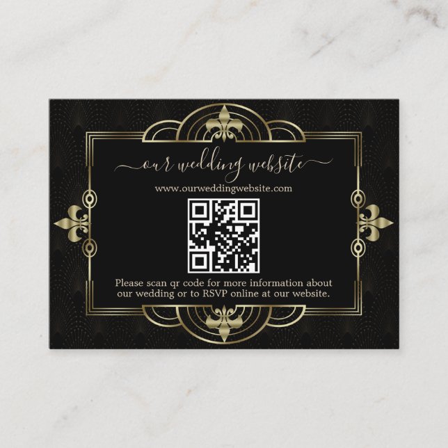 Cartão De Informações Casamento Arte Deco QR Code Dourado Preto (Frente)