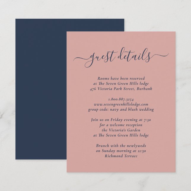 Cartão De Informações Casamento Azul-Navy e Blush Moderno (Frente/Verso)