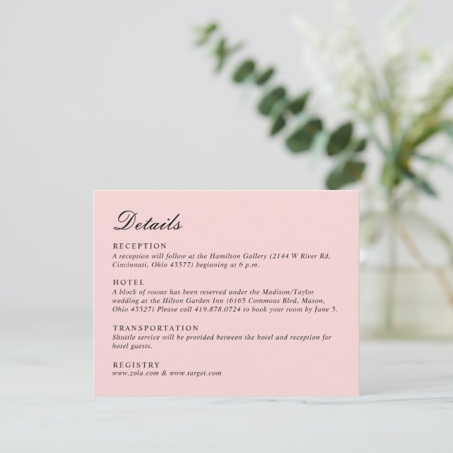 Cartão De Informações Casamento Bonito Rosa Simples Script (Em pé/Frente)