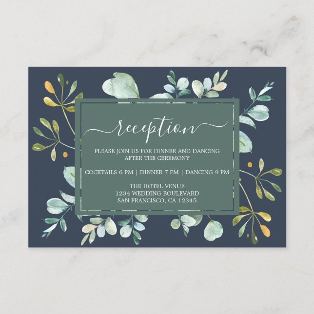 Cartão De Informações Casamento Botânico Azul-Marinho Foliage Eucalyptus (Frente)