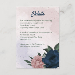Cartão De Informações casamento botânico com flores rosa e marinhos