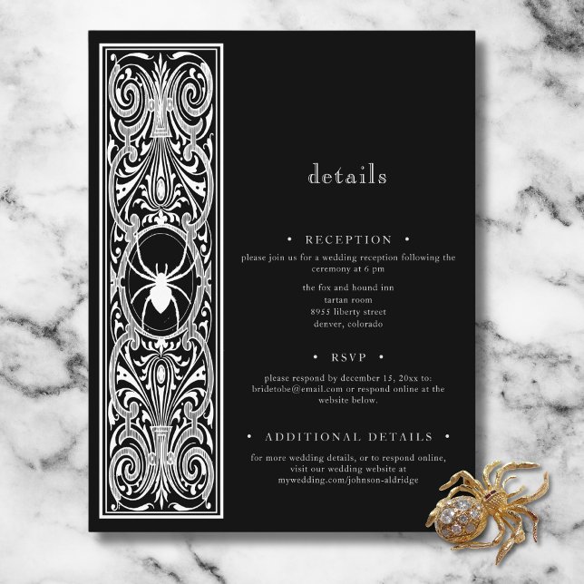 Cartão De Informações Casamento Branco Negro de Aranha-Gótica (Gothic Spooky Spider Black White Wedding Enclosure Card)