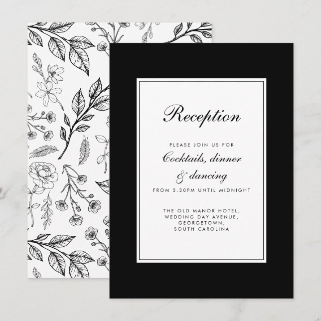 Cartão De Informações Casamento Branco Negro Floral Elegante (Frente/Verso)