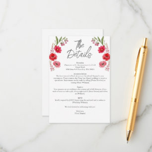 Cartão De Informações Casamento Caprichoso com Flores Silvestres Vermelh