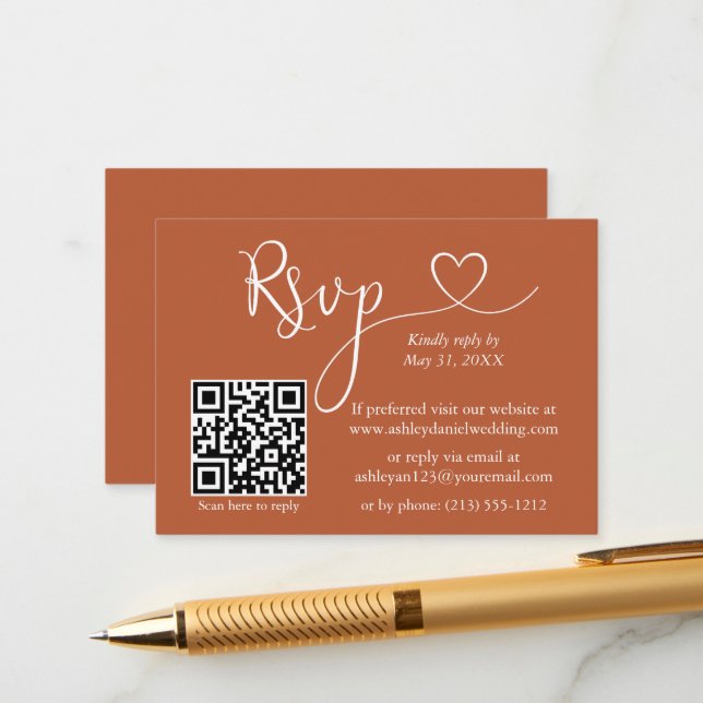 Cartão De Informações Casamento Cardíaco Caligrafia QR RSVP Terracotta (Frente/Verso In Situ)