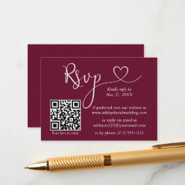 Cartão De Informações Casamento Cardíaco de Caligrafia Moderna QR RSVP B