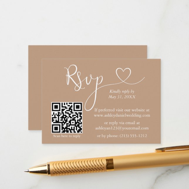 Cartão De Informações Casamento Cardíaco de Caligrafia Moderna QR RSVP T (Frente/Verso In Situ)