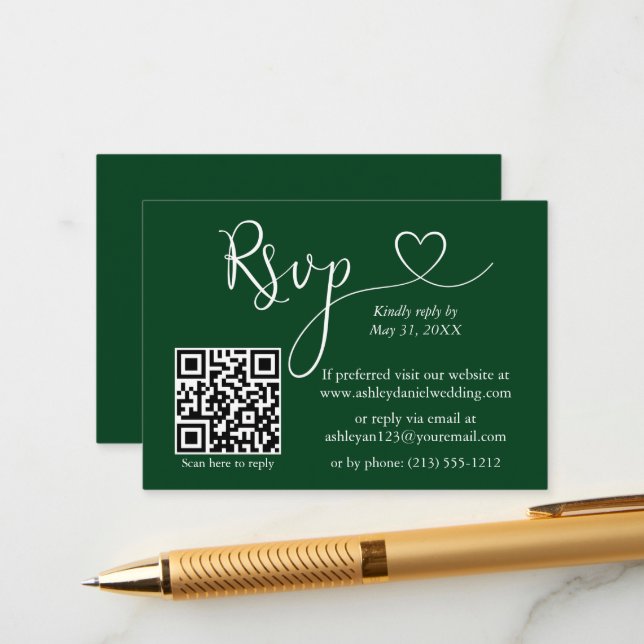 Cartão De Informações Casamento Cardíaco de Caligrafia Moderna QR RSVP V (Frente/Verso In Situ)
