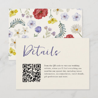 Cartão De Informações Casamento Código QR Flor Silvestre Pastel Aquarela