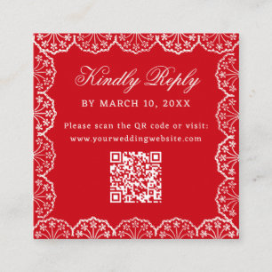 Cartão De Informações Casamento Código QR Moldura de Renda Vermelha Româ