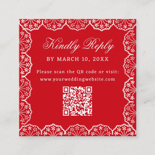 Cartão De Informações Casamento Código QR Moldura de Renda Vermelha Româ (Frente)