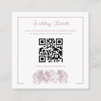 Cartão De Informações Casamento com Código QR de Caligrafia Rosa Empoeir