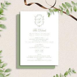Cartão De Informações Casamento com Crista de Monograma Floral em Verde