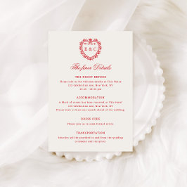 Cartão De Informações Casamento com Monograma em Crista Vintage Vermelho