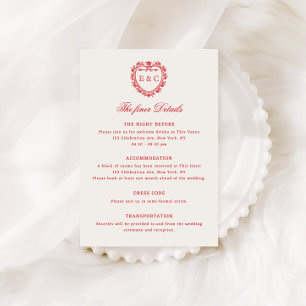 Cartão De Informações Casamento com Monograma em Crista Vintage Vermelho