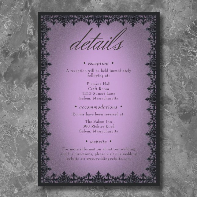 Cartão De Informações Casamento com púrpura da fronteira gótica vitorian (Victorian Gothic Iron Border Purple Wedding Enclosure Card)